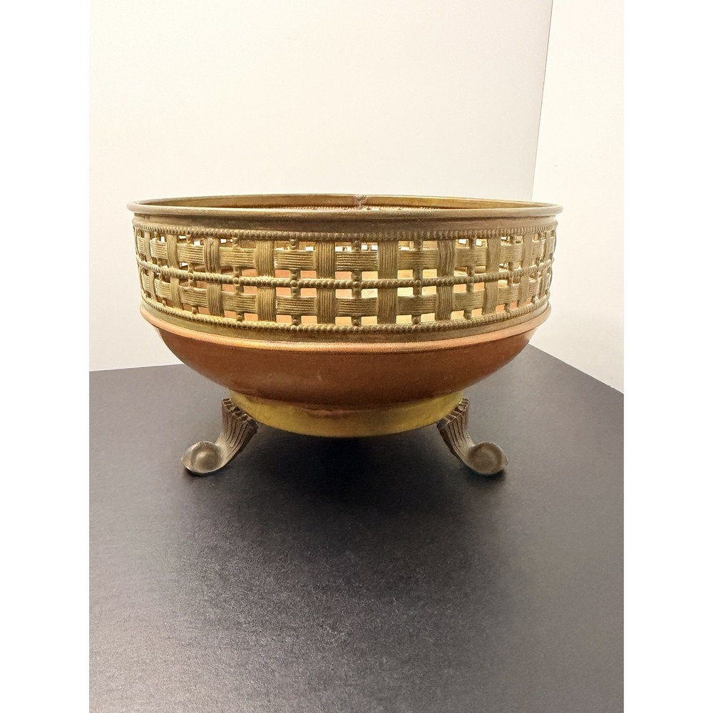 Vintage English Brass Copper Footed Bowl Centerpiece Basket Reticulated Grid 8.5